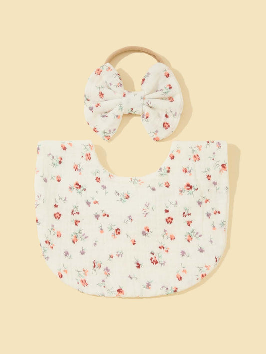 1pc Baby Ditsy Floral Print Bib 1pc Hair Band