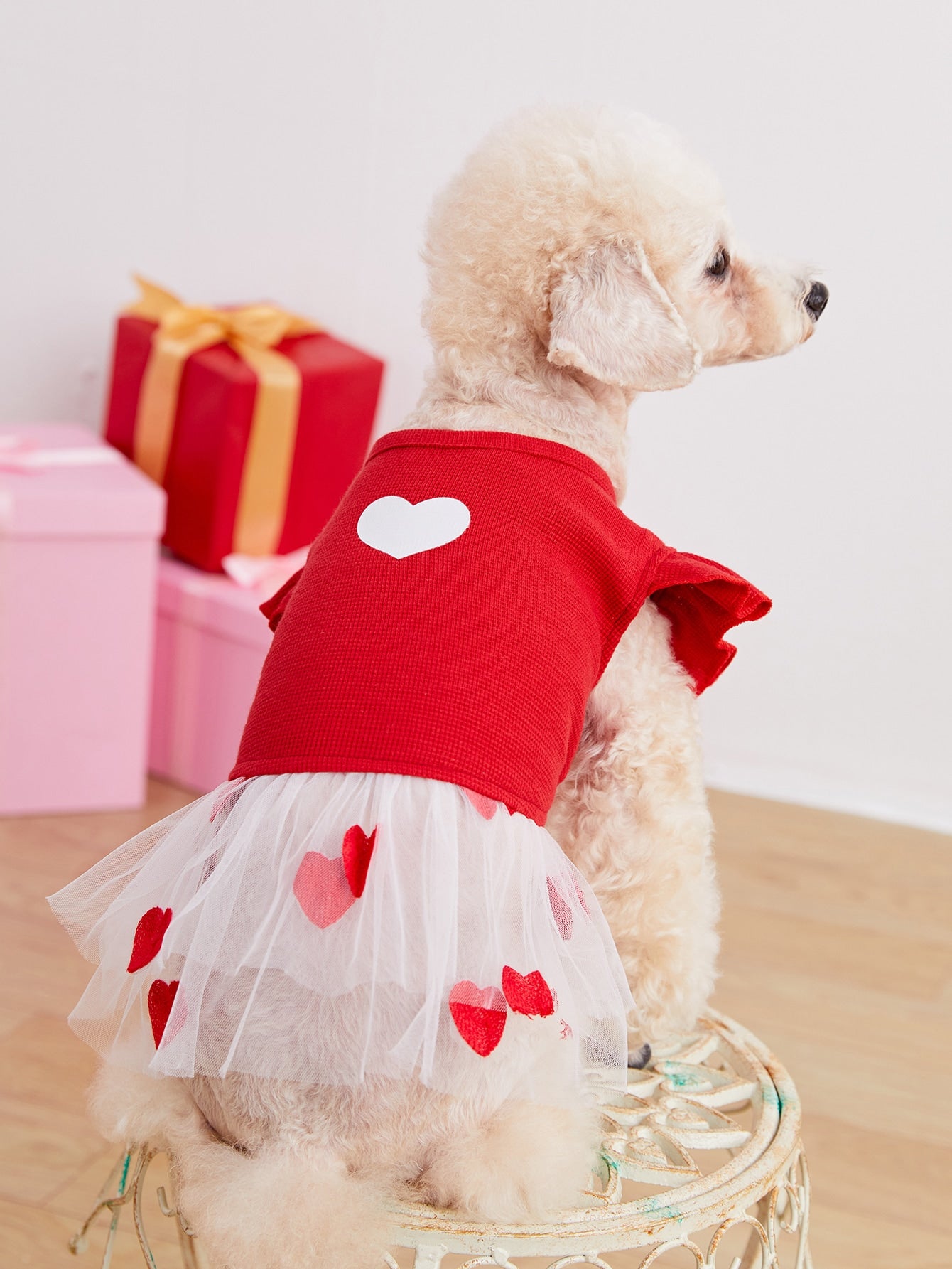 PETSIN 1pc Heart Print Ruffle Trim Pet Dress