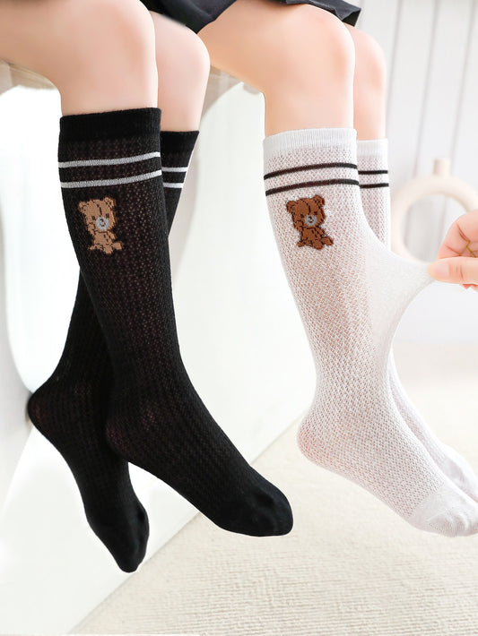 2pairs Toddler Girls Bear Pattern Over The Calf Socks