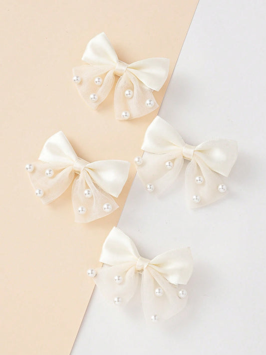 4pcs Toddler Girls Bow & Faux Pearl Decor Fashionable Hair Clip For Daily Decoration