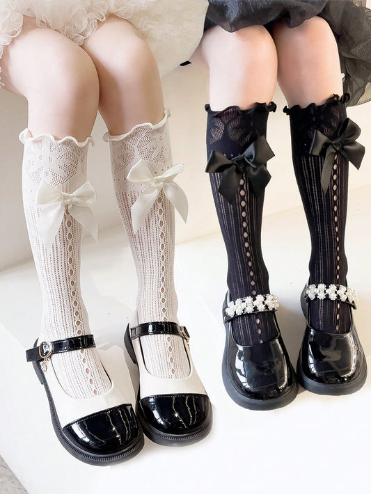 2pairs Girls Bow Decor Hollow Out Knee High Socks