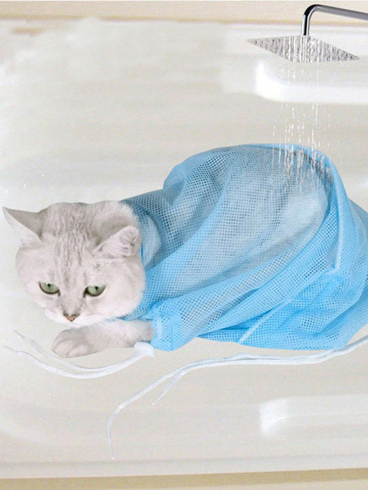 1pc Solid Color Mesh Cat Grooming Bath Bag For Cat For Anti Scratch