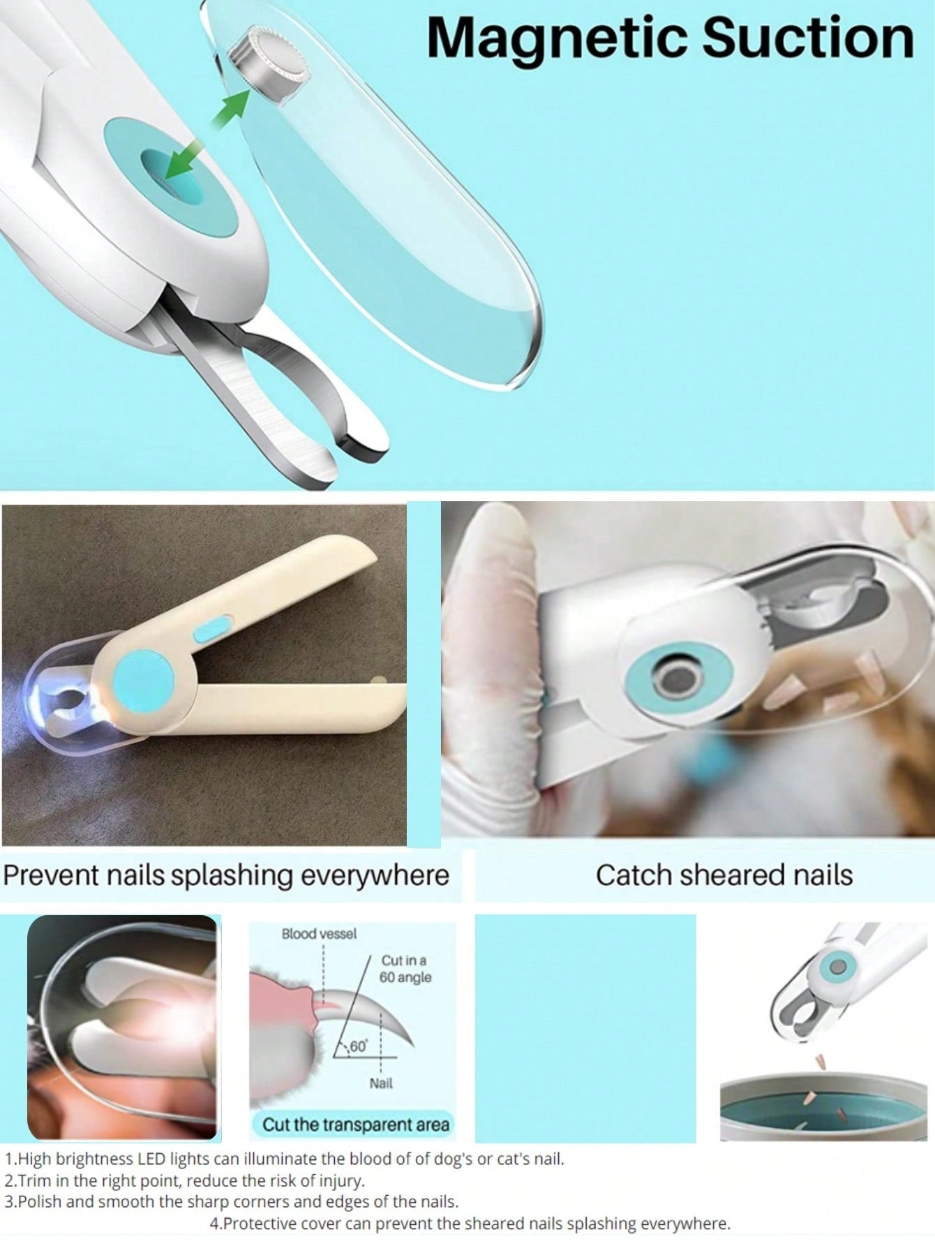 1 piece LED light nail clipper with two levels of dimming for cat and dog nail trimming
