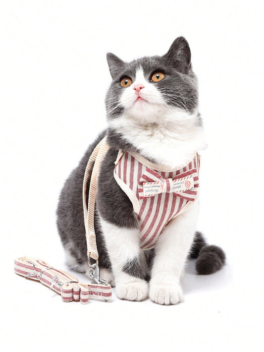 1pc Striped Pattern Bow Decor Cat Harness 1pc Leash