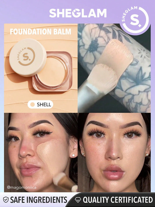 SHEGLAM Full Coverage Foundation Balm-Shell Long Lasting Flawless Moisturizing Foundation Oil-Control Color Corrector Concealer Poreless Cover Blemish Non-Greasy Non-Caking Smoother-Looking Cream Foundation