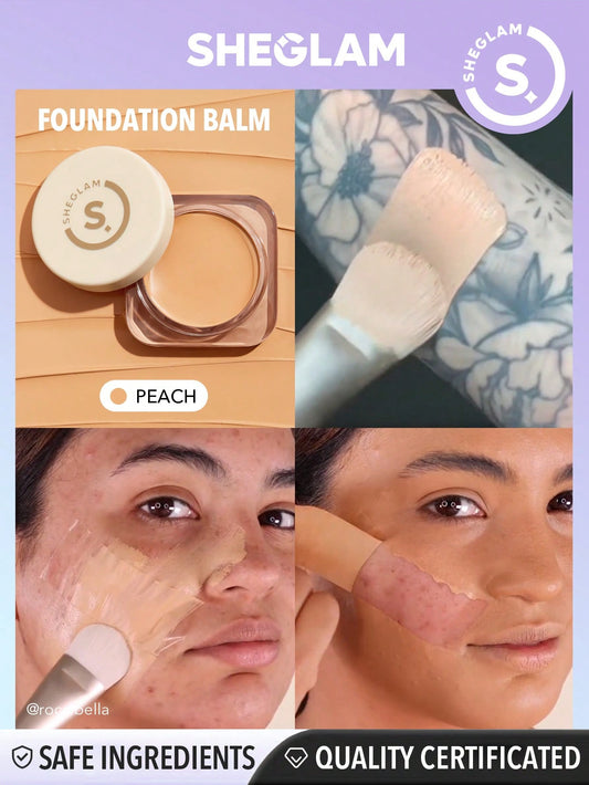 SHEGLAM Full Coverage Foundation Balm-Peach Long Lasting Flawless Moisturizing Foundation Oil-Control Color Corrector Concealer Poreless Cover Blemish Non-Greasy Non-Caking Smoother-Looking Cream Foundation