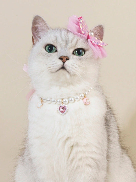 1pc Faux Pearl Decor Pet Necklace & 1pc Bow Design Pet Hair Clip For Cat For Decoration