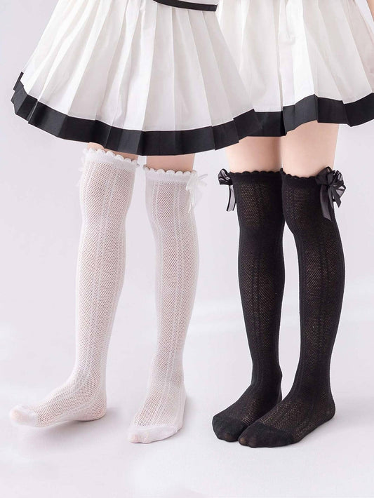 2pairs Children's Mesh Bow Decor Straight Tube Socks, Suitable For All Seasons & Daily Wear