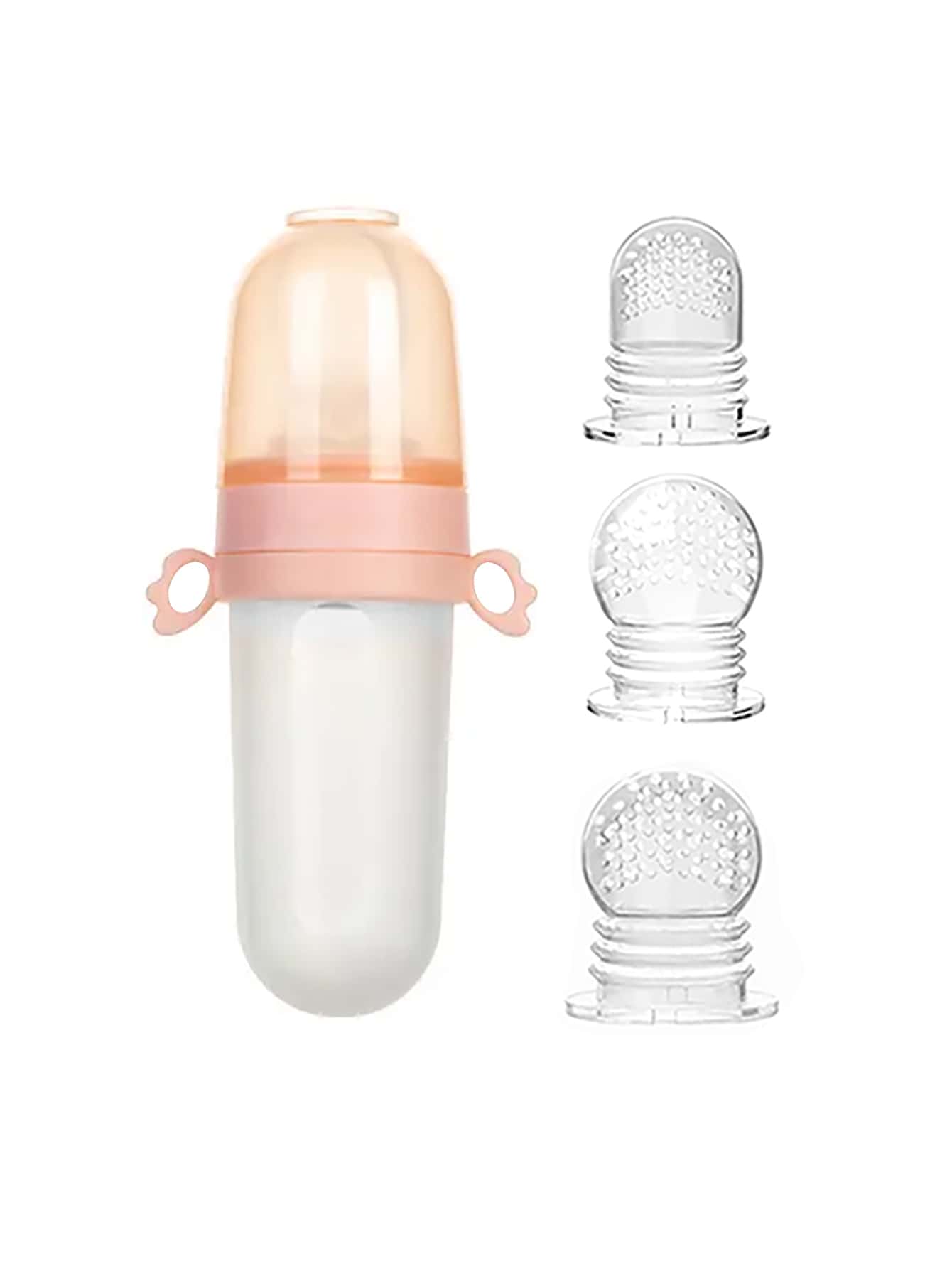 4pcs/Set Baby Feeding Set:1pc Silicone Spoon Feeder Bottle with Handle, 3-Size Elastic Mesh Bags-S, M, L.Rice Paste Squeeze Feeding Bottle Set, Multifunctional Fruit Vegetable Food Supplement Milk Bottle-Pink