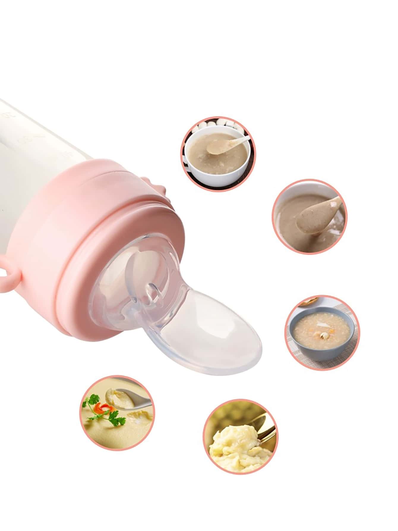 4pcs/Set Baby Feeding Set:1pc Silicone Spoon Feeder Bottle with Handle, 3-Size Elastic Mesh Bags-S, M, L.Rice Paste Squeeze Feeding Bottle Set, Multifunctional Fruit Vegetable Food Supplement Milk Bottle-Pink