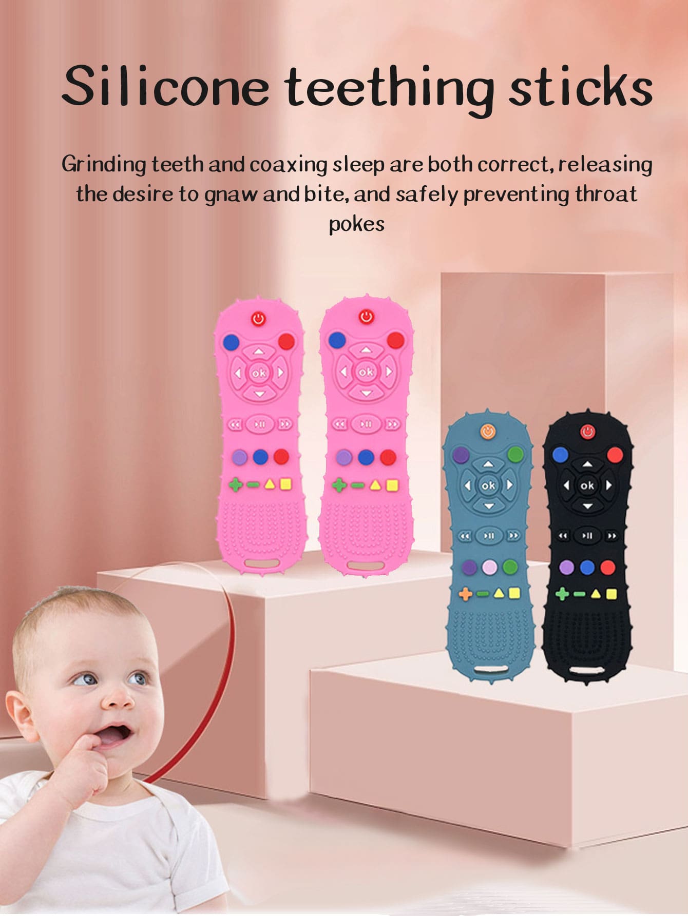 1pc Random Color Baby Tv Remote Control Shape Toy Silicone Teether Chewing Grasping Exercise Game