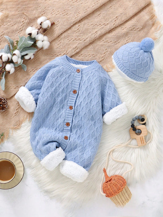 Baby Girl Button Through Thermal Knit Jumpsuit With Hat