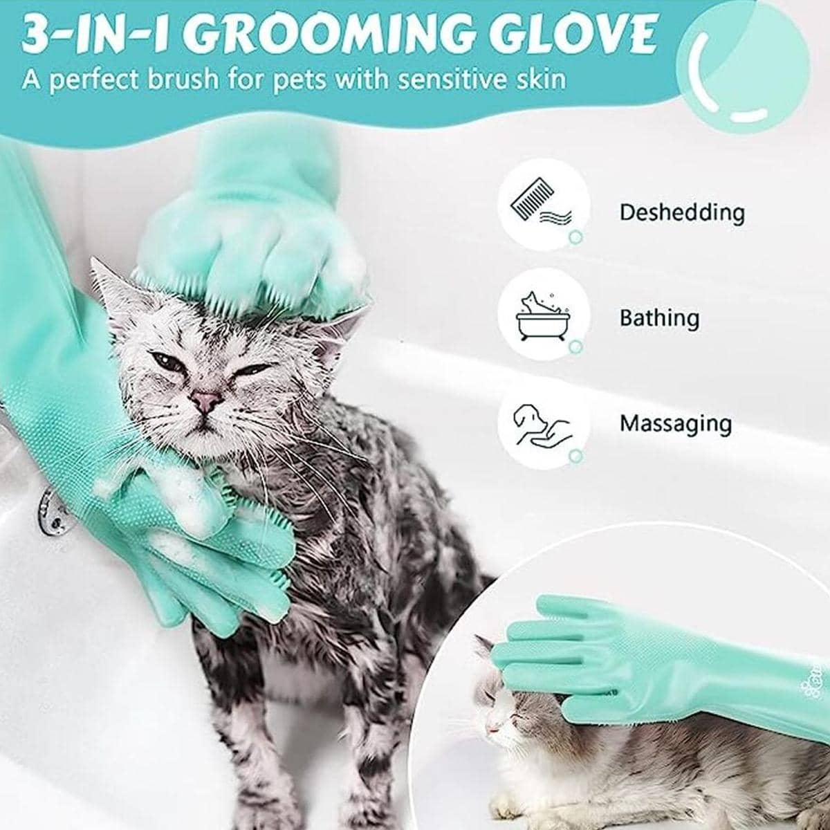 1pair 140g Lake Blue Silicone Pet Bathing Gloves For Cats And Dogs, Home Use