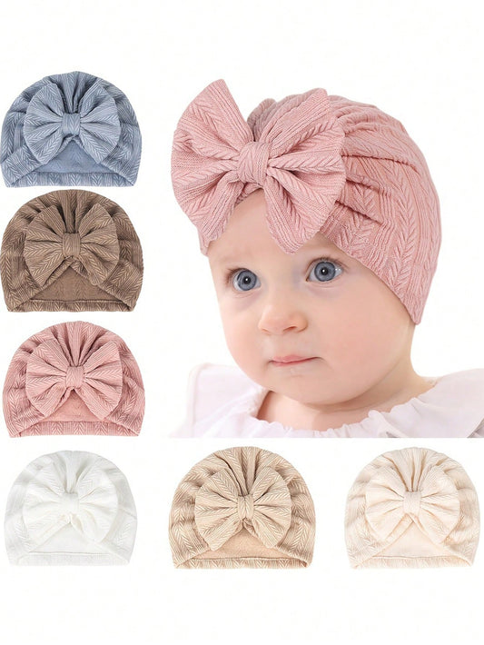 1pc Solid Color Newborn Baby Beanie With Braided Rope And Bowknot Detail
