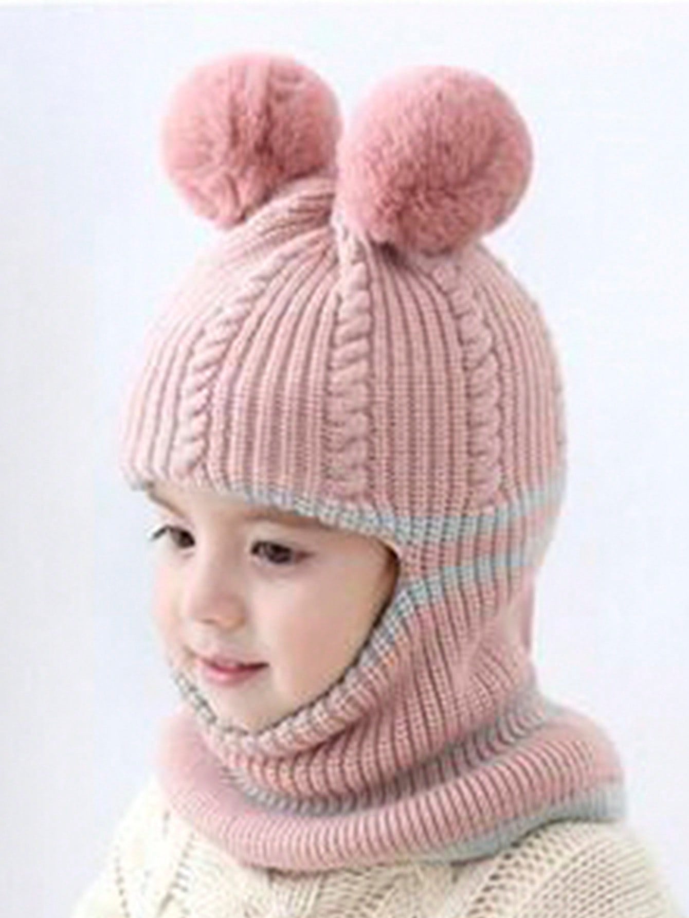1pc Children's Winter Balaclava Hat With Dual Pom Poms, Windproof And Thermal