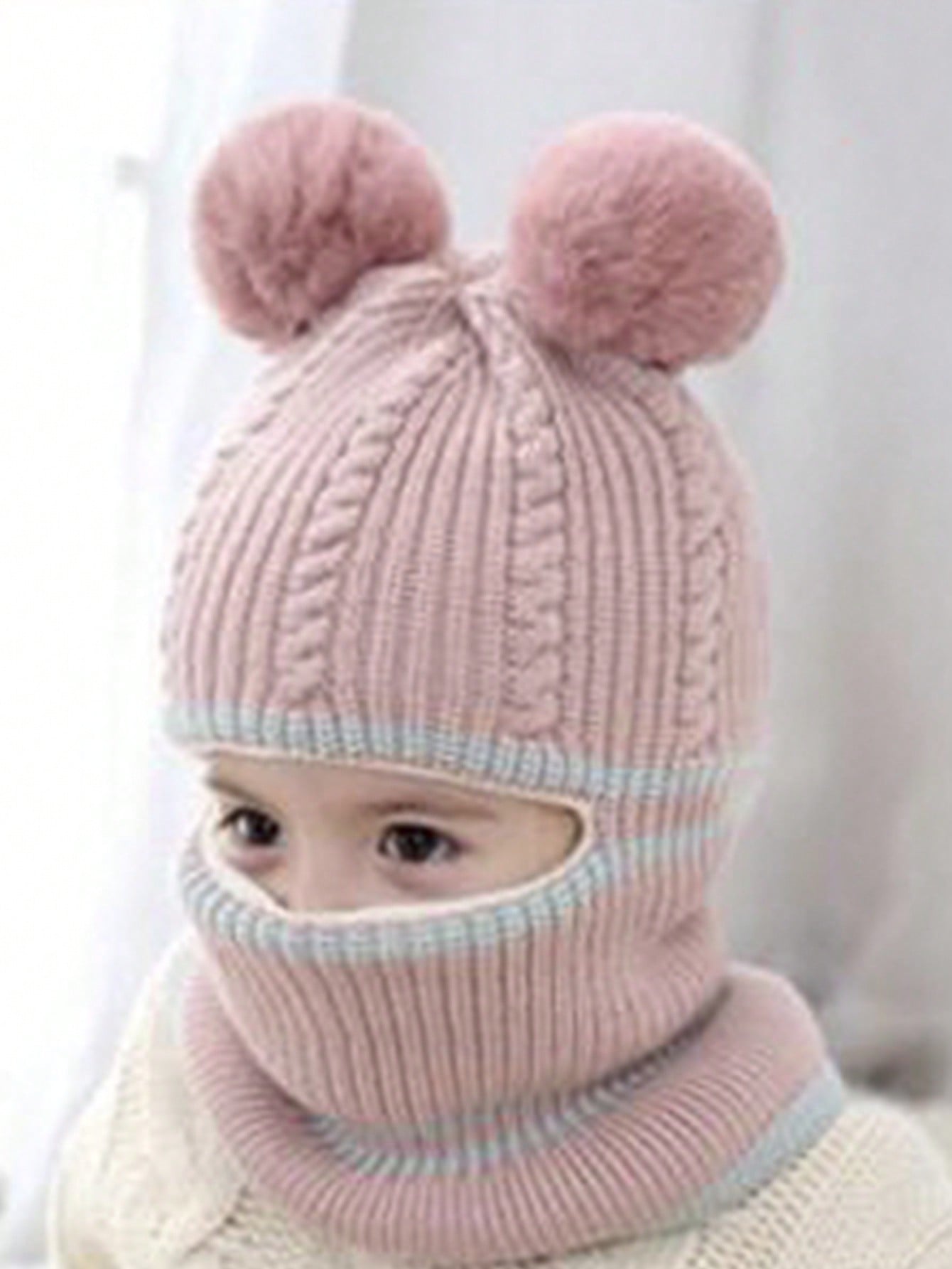 1pc Children's Winter Balaclava Hat With Dual Pom Poms, Windproof And Thermal