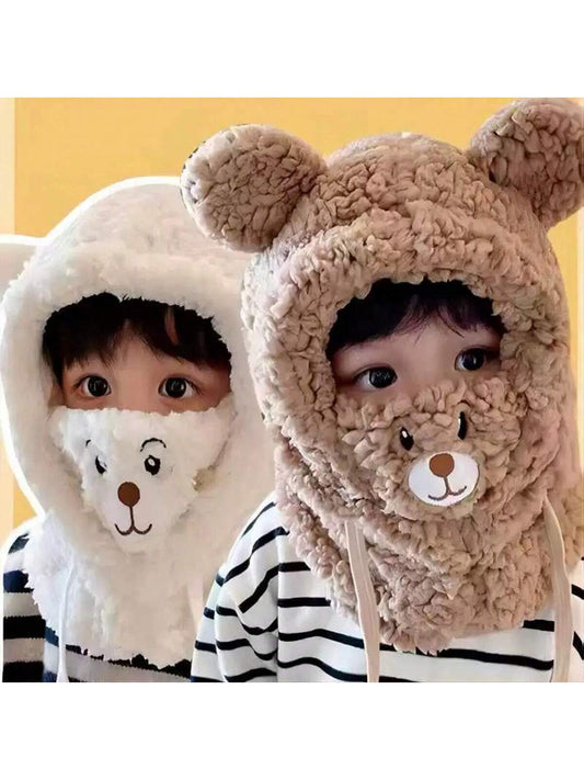 1pc Unisex Cartoon Bear Shaped Hat With Scarf And Mask Design, Thickened, Warm, Suitable For Daily Wear In Autumn And Winter twins