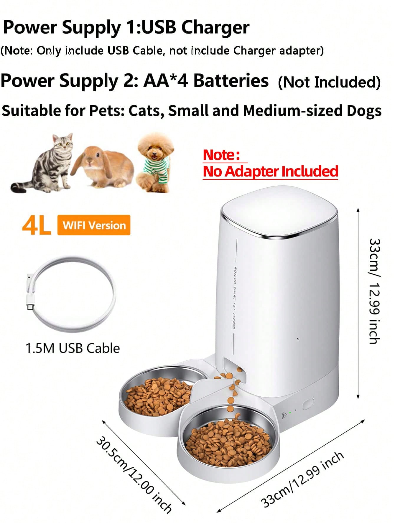 1pc Double Basin Pet Smart Feeder with WIFI Function 4L Capacity Only with USB Data Cable Delivery Without Adapter