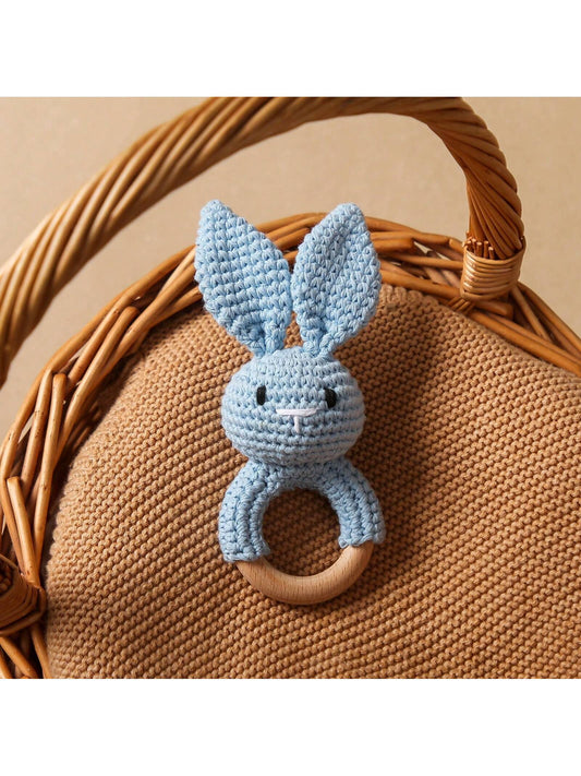 One Piece Baby Blue Crochet Pointy Ears Rabbit Beech Wood Ring Teether Baby Can Chew Teething Gift