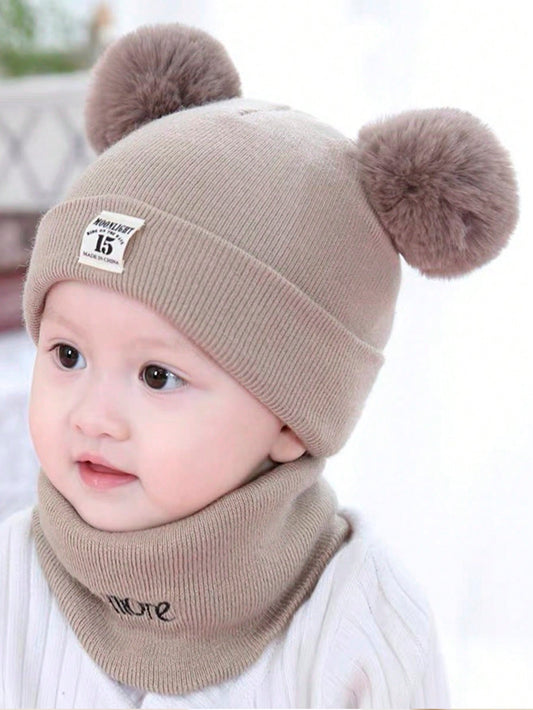 1 Set Khaki English Letter Embroidery Patchwork Beanie Hat And Scarf With Pom Pom Balls For Baby Boys And Girls