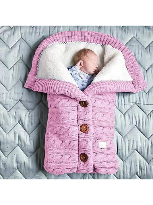 1pc Baby Knitted Sleeping Bag With Button, Thickened And Fleece-lined, Suitable For Outdoor Use, Pushchairs, Strollers, Winter (pink)
