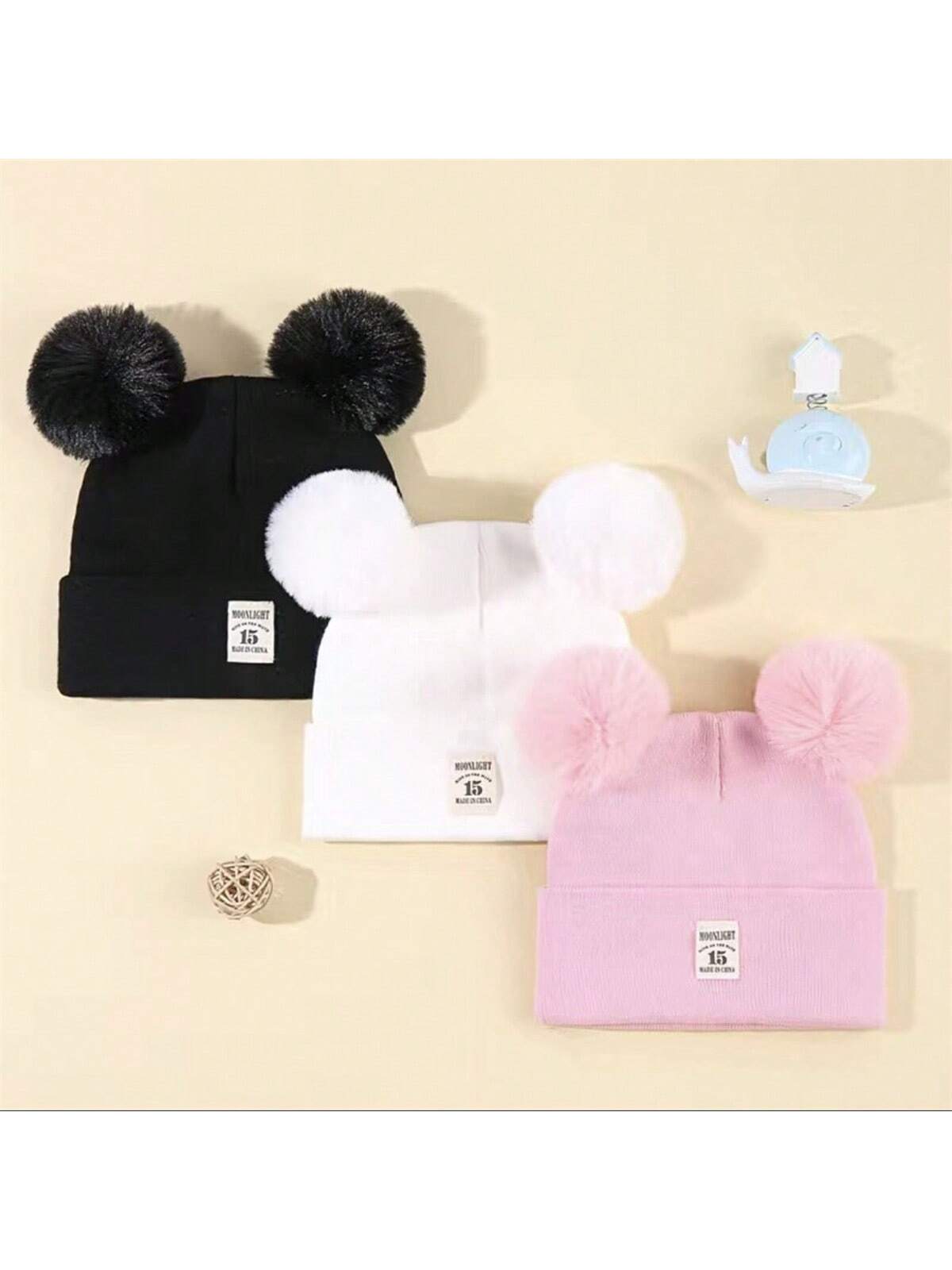 2pcs Double Ball Cart Label Children's Knitted Hat Combination Suitable For Winter Warm Keeping Winter Hat For Baby twins