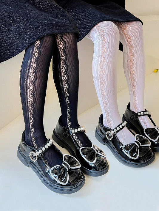 2 Pairs Girls' Black And White Mesh Love Patterned Sheer Pantyhose
