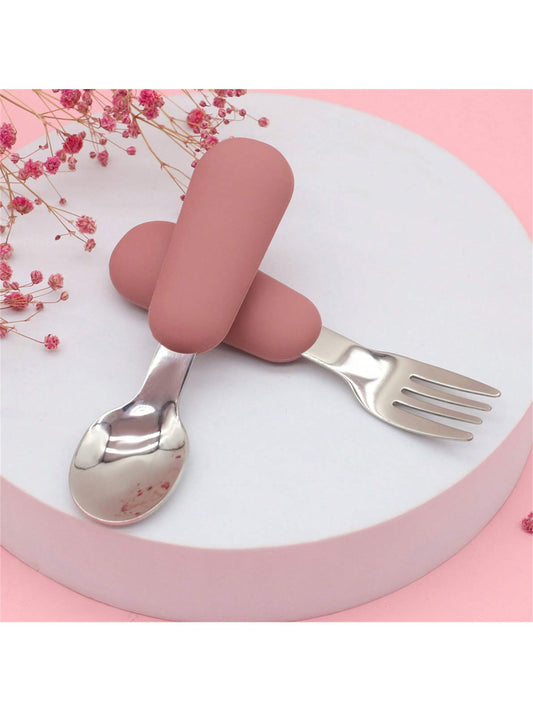 2pcs Toddler Tableware Set With Silicone Handle, Stainless Steel Children Safe Spoon & Fork, Food-grade Silicone, Dishwasher Safe
