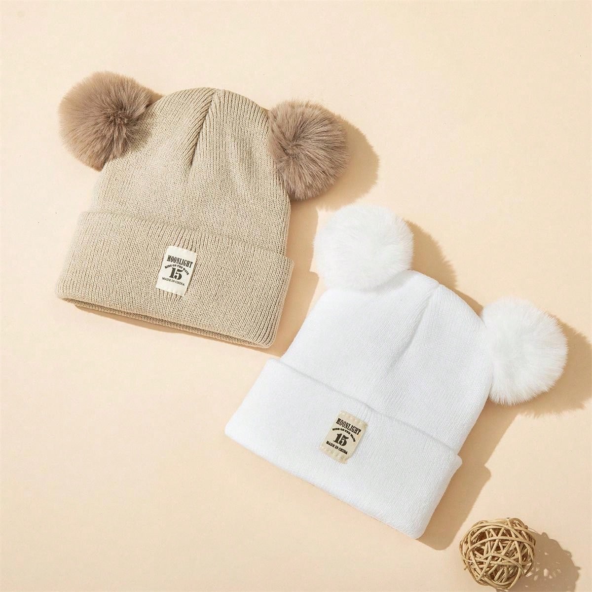 2pcs Double Ball Cart Label Children's Knitted Hat Combination Suitable For Winter Warm Keeping Winter Hat For Baby twins