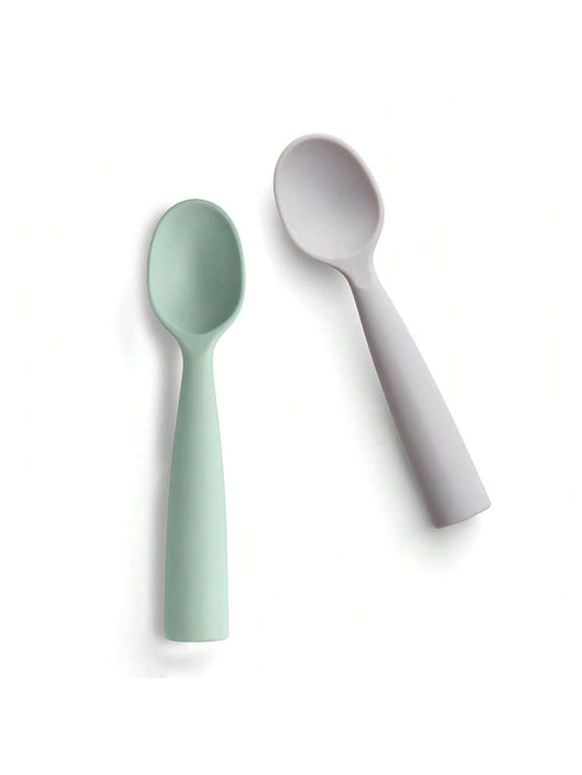 2pcs Baby Self-Training Soft Twisted Silicone Spoon, 360° Random Wavy Curved Design For Feeding And Eating Practice
