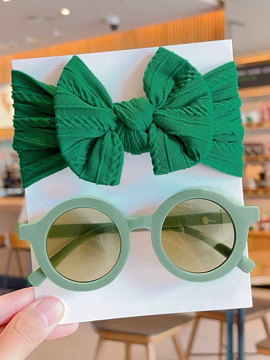 2pcs/Set Green Children's Sunglasses + Cute Bowknot Hairband