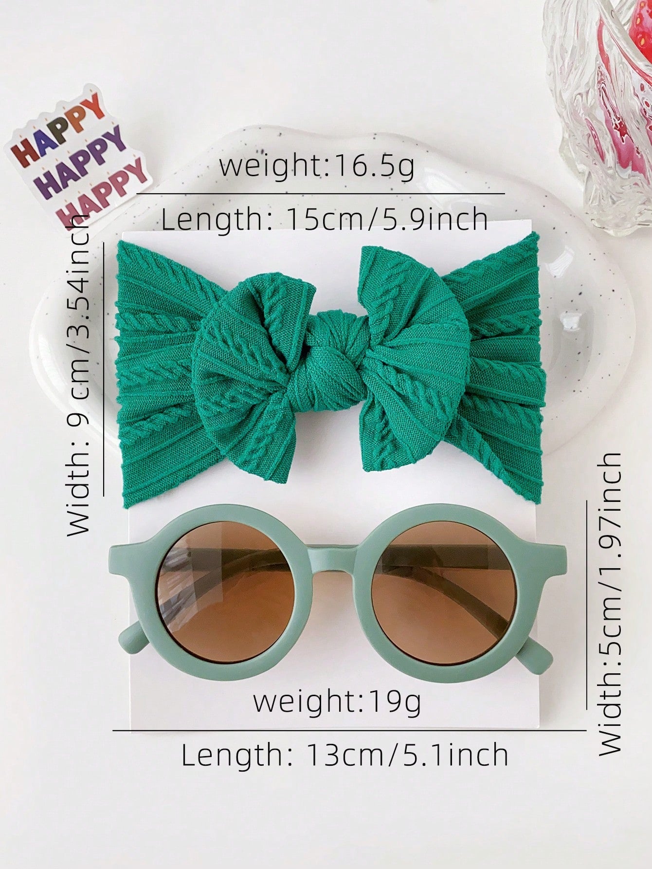 2pcs/Set Green Children's Sunglasses + Cute Bowknot Hairband