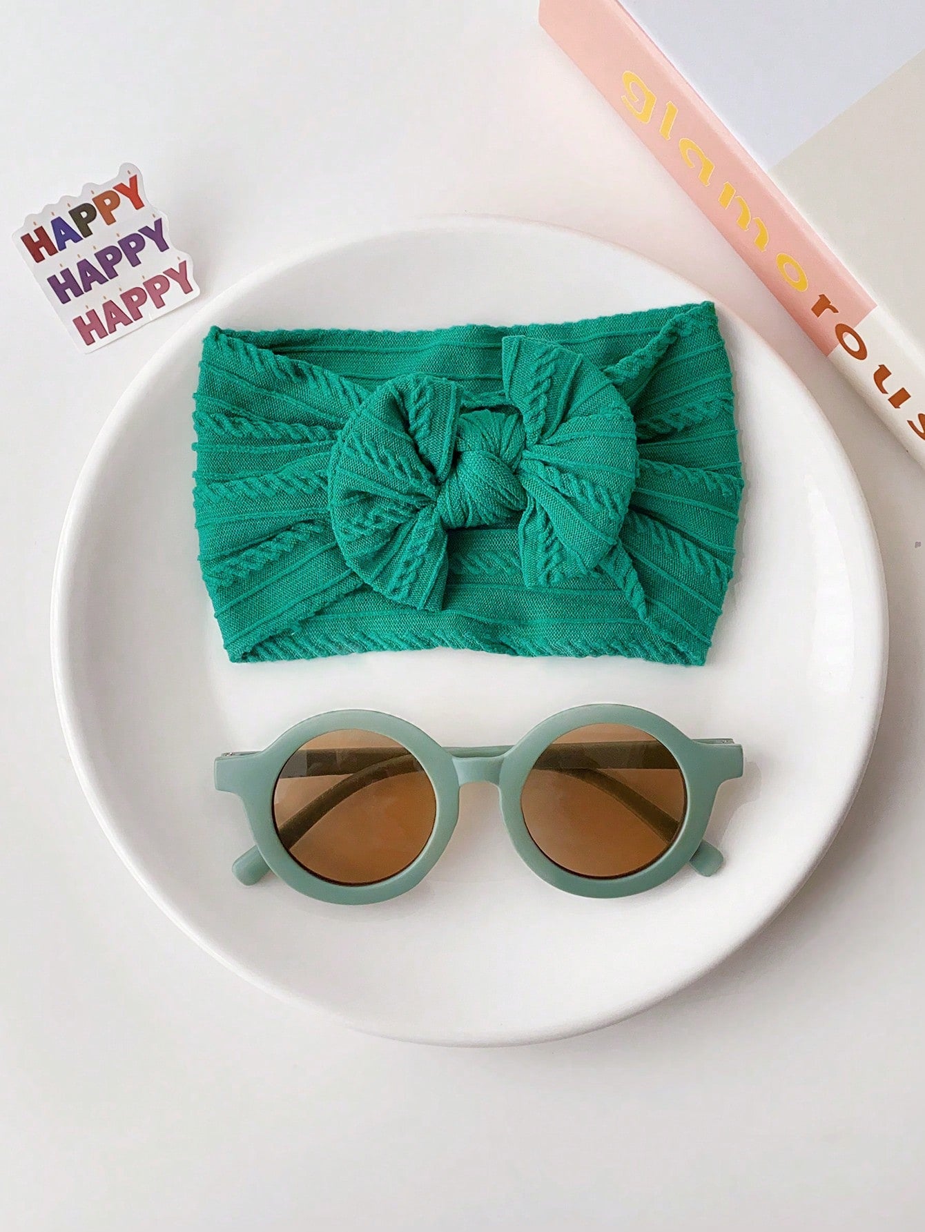 2pcs/Set Green Children's Sunglasses + Cute Bowknot Hairband