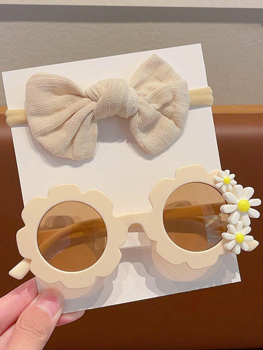 2pcs/Set White Flower Sunglasses And Cute Bowknot Headband For Kids