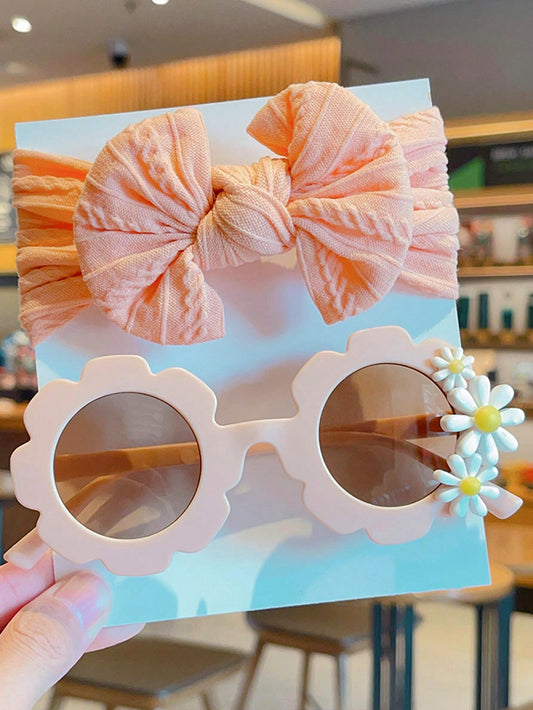 2pcs/Set Pink Children's Flower Sunglasses + Cute Bowknot Headband