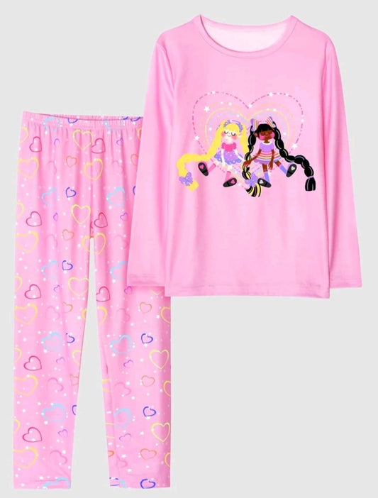Girls Heart & Figure Graphic PJ Set