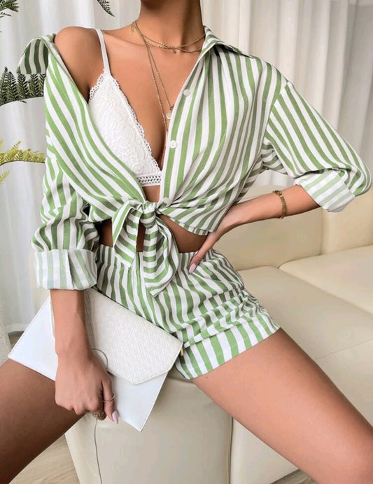 Striped Button Through Blouse & Shorts Set