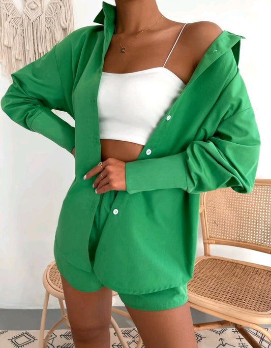 Solid Button Front Drop Shoulder Blouse & Shorts