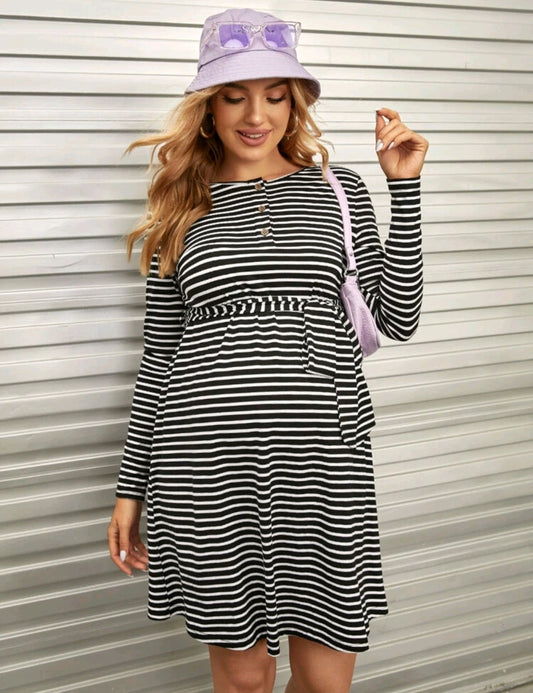 Maternity Striped Print Belted Dress