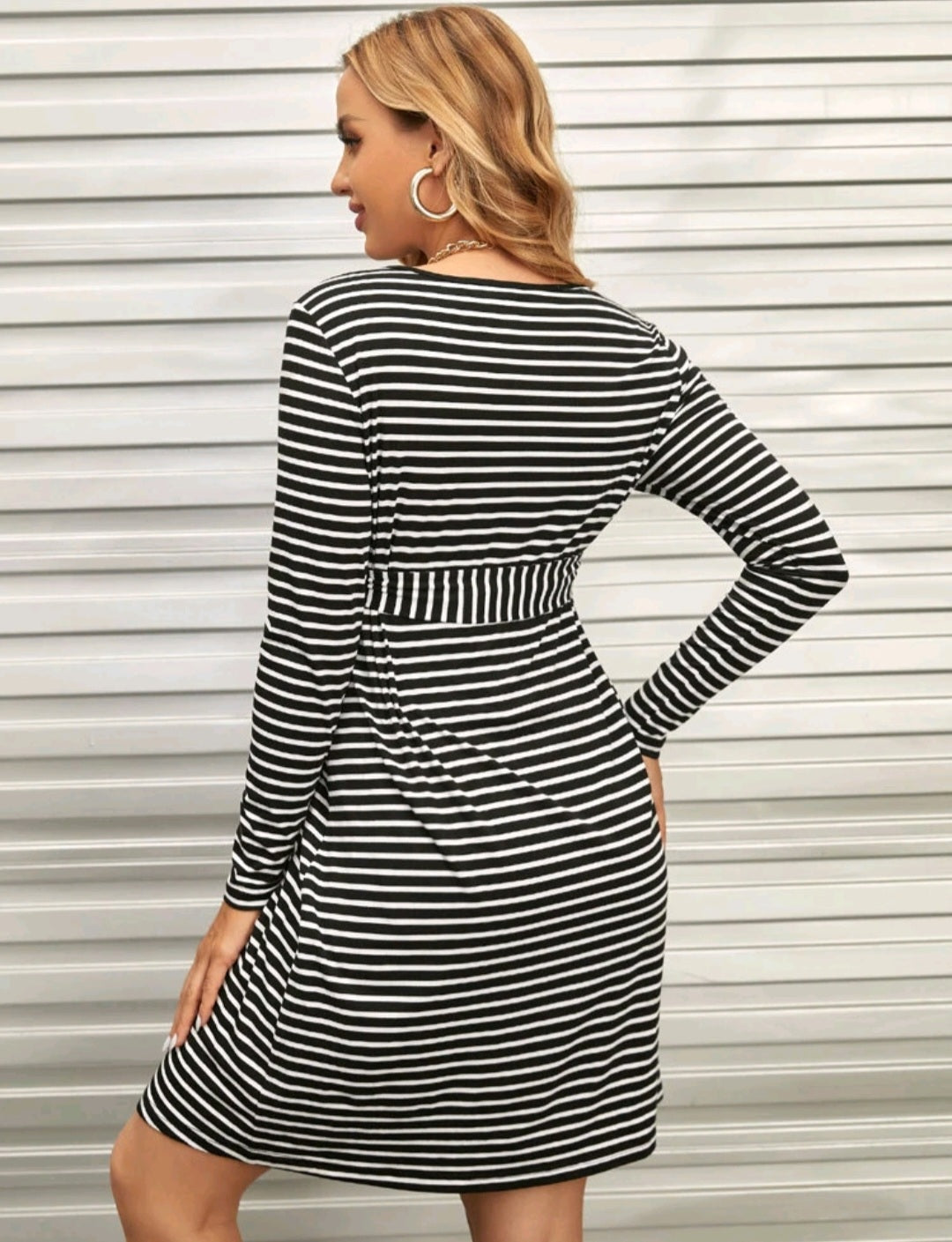 Maternity Striped Print Belted Dress