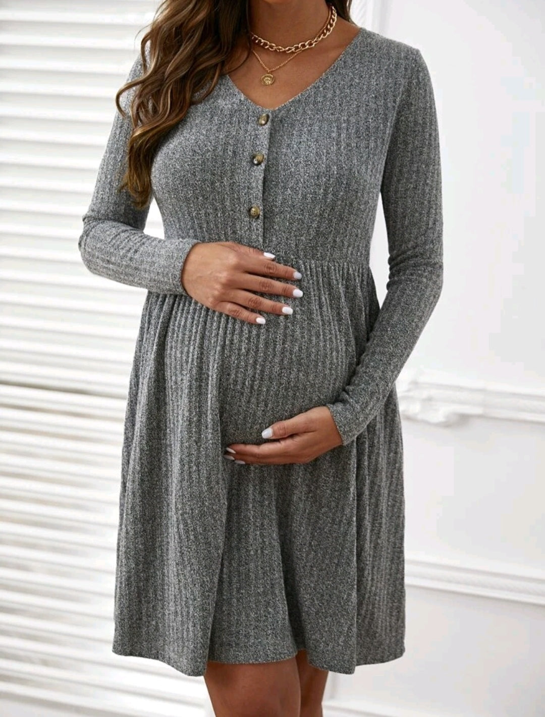 Maternity Button Half Placket Ribbed Knit Dress